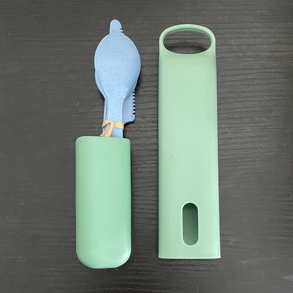 Green Travel Cutlery Set with Blue Utensil